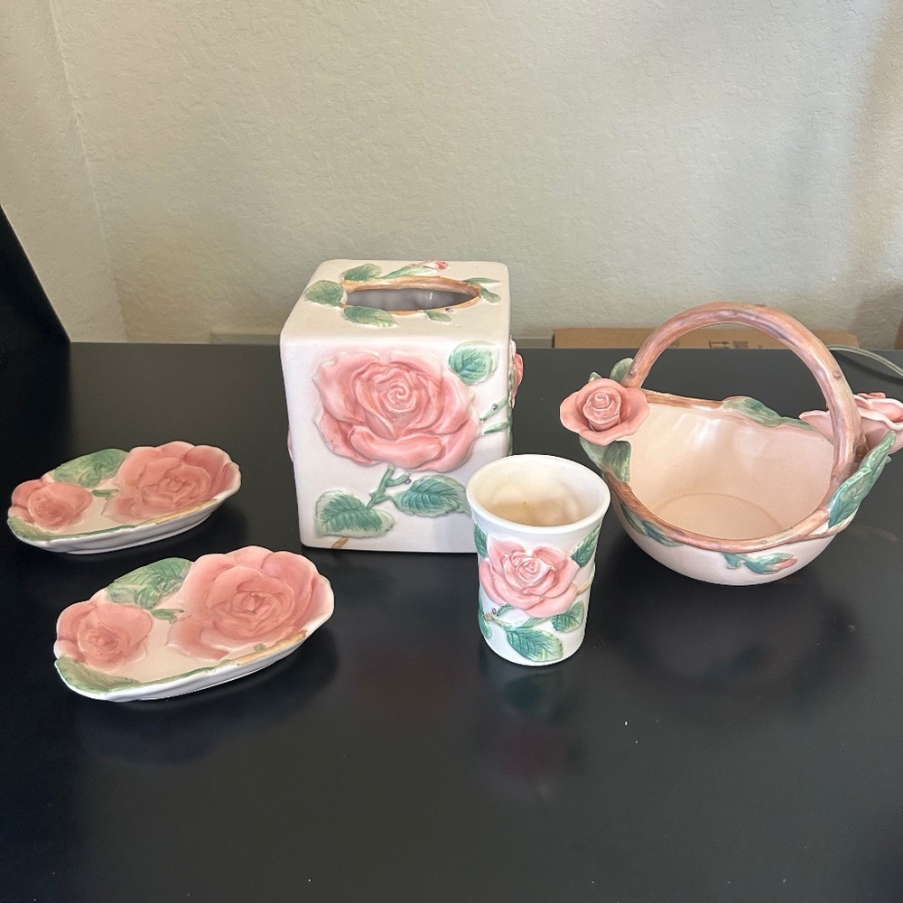 Fitz & Floyd 1987 5 piece Rose Set Blushing Rose Discontinued. Vintage